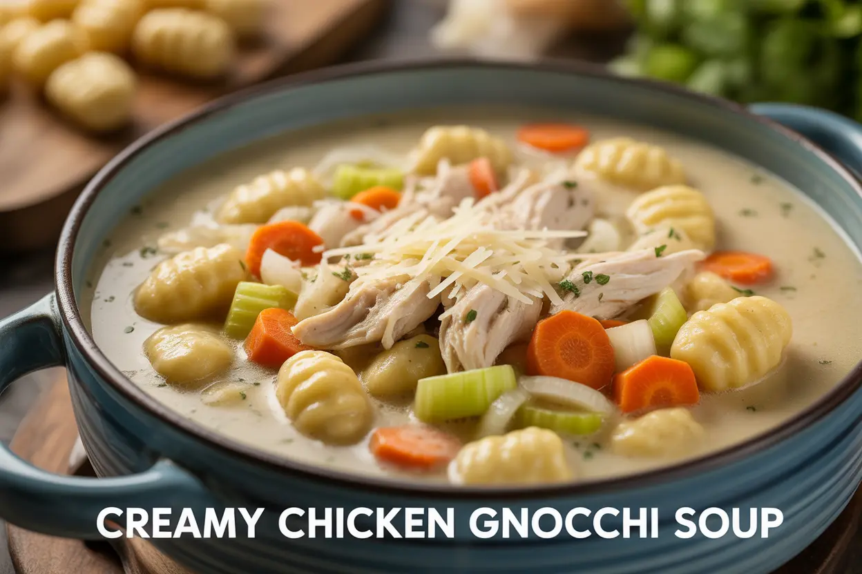 A warm and creamy bowl of chicken gnocchi soup with vegetables and parmesan cheese
