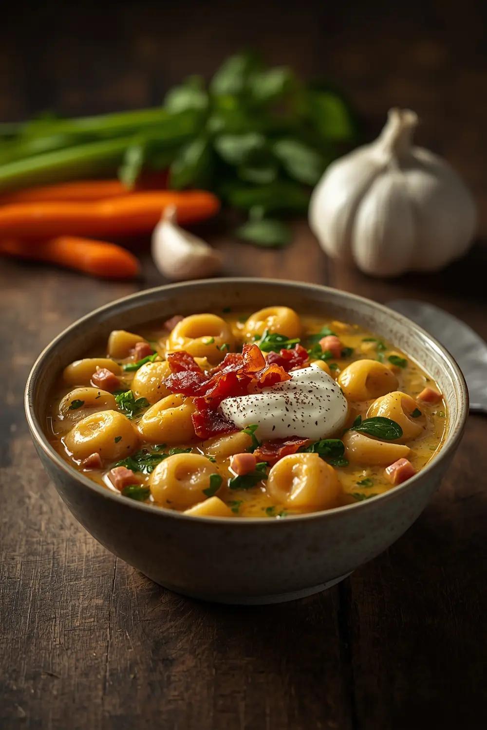 A delicious and comforting bowl of chicken gnocchi soup, topped with crispy bacon and fresh spinach