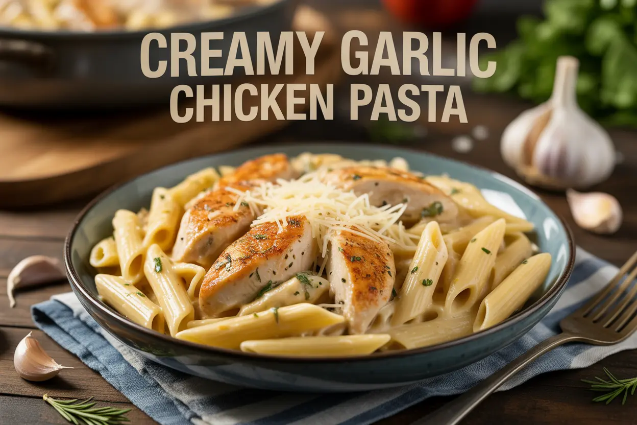 A delicious and creamy chicken pasta dish with garlic and parmesan cheese