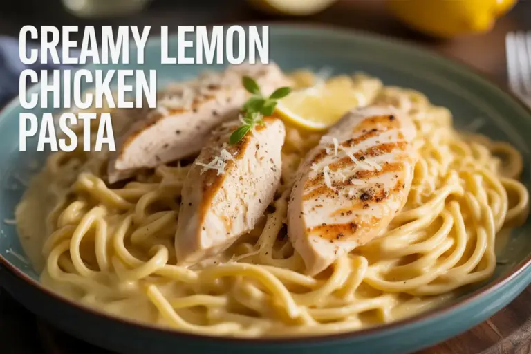 A delicious and creamy lemon chicken pasta dish with parmesan cheese and a sprinkle of black pepper