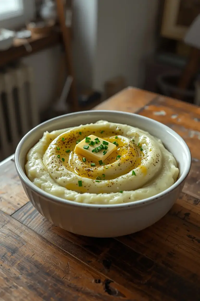 A photo of creamy mashed potatoes in a bowl, topped with butter, chives, and black pepper.
