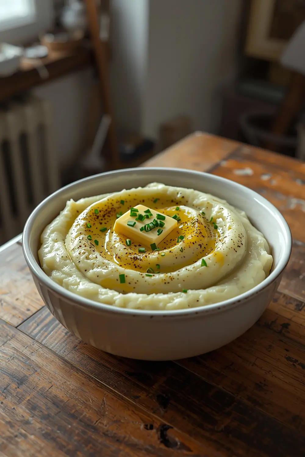 A photo of creamy mashed potatoes in a bowl, topped with butter, chives, and black pepper.
