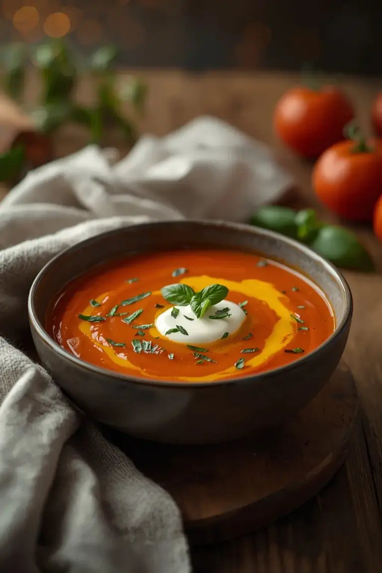 A bowl of creamy tomato soup with basil and a dollop of cream, on a wooden table