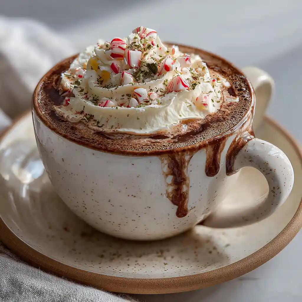 Creamy peppermint hot chocolate in a speckled mug topped with whipped cream and crushed candy canes