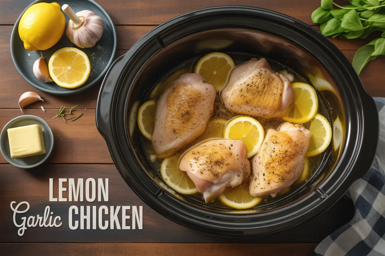 A delicious and tender crock pot chicken dish with lemon, garlic, and butter