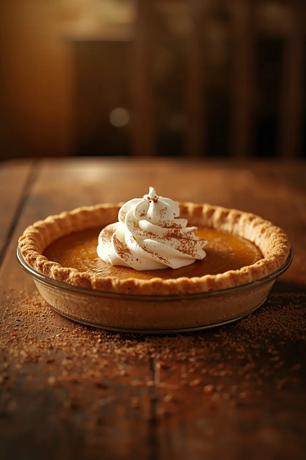 A photo of a pumpkin pie with whipped cream and cinnamon on top
