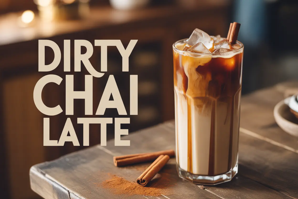 A refreshing glass of iced dirty chai latte with cold brew coffee, spiced chai concentrate, and milk, garnished with cinnamon sticks and a drizzle of honey