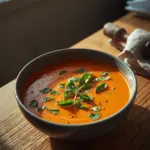 A bowl of creamy roasted tomato basil soup with fresh basil leaves on top