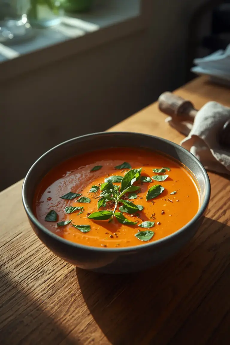 A bowl of creamy roasted tomato basil soup with fresh basil leaves on top