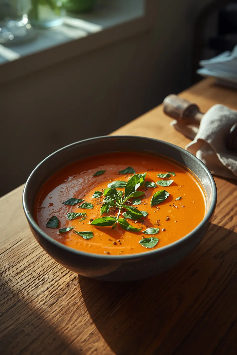 A bowl of creamy roasted tomato basil soup with fresh basil leaves on top