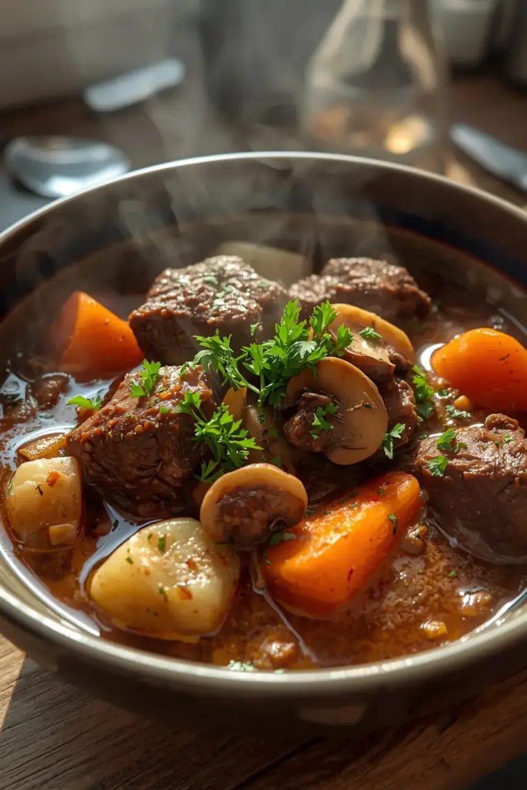 A photo of a delicious beef stew in a bowl, with vegetables and parsley on top