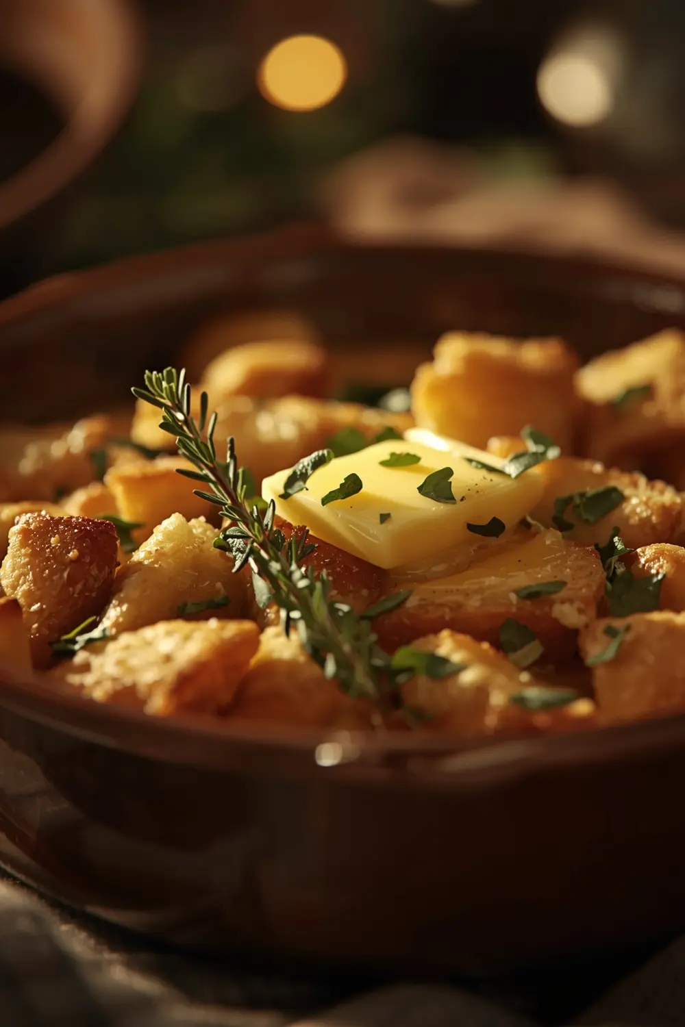 A photo of a delicious homemade Thanksgiving dressing, fresh out of the oven, in a ceramic baking dish.