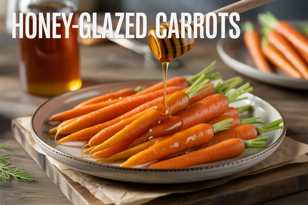 A plate of glazed baby carrots with a golden honey drizzle, garnished with lemon wedges