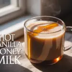 Close-up of steaming hot vanilla honey milk in a ceramic mug with a cinnamon stick garnish.