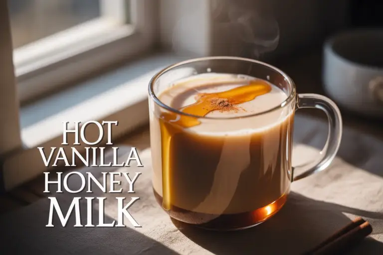 Close-up of steaming hot vanilla honey milk in a ceramic mug with a cinnamon stick garnish.