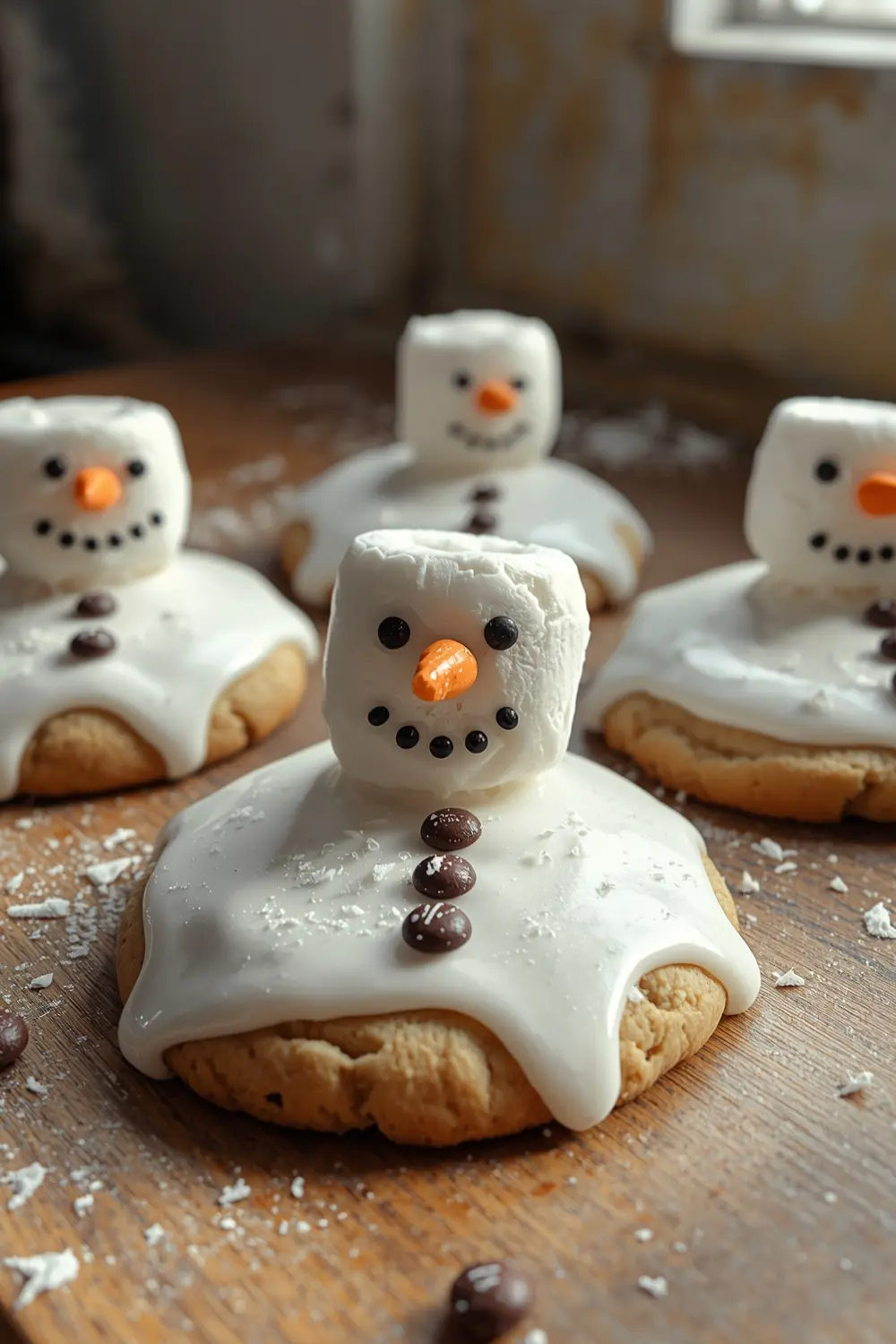 A close-up photo of decorated sugar cookies resembling melted snowmen, with royal icing, marshmallows, and candy details