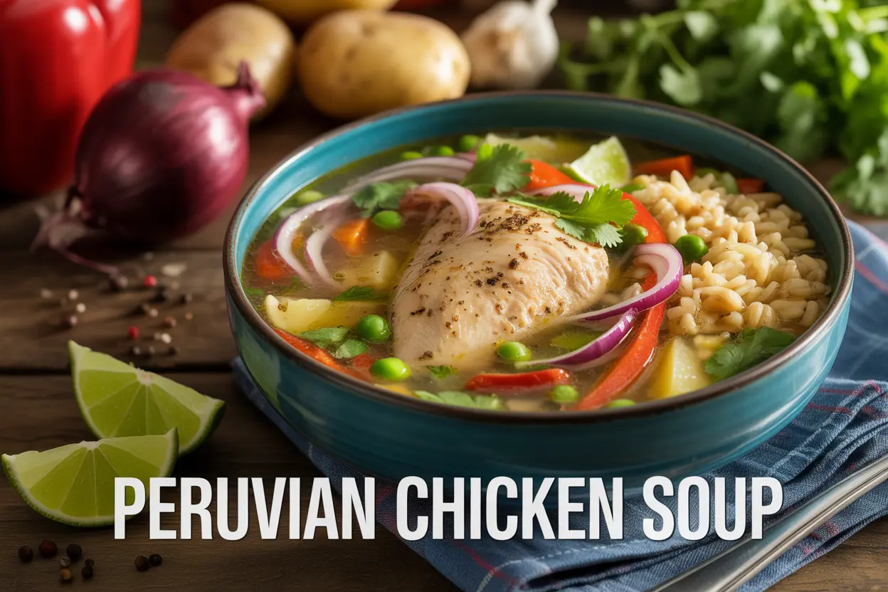A hearty bowl of Peruvian chicken soup filled with chicken, potatoes, and vegetables, garnished with cilantro and lime wedges