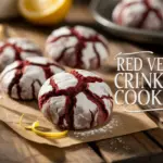 A plate of red velvet crinkle cookies with a dusting of powdered sugar, lemon zest, and a warm golden light