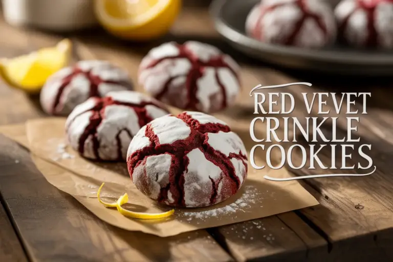 A plate of red velvet crinkle cookies with a dusting of powdered sugar, lemon zest, and a warm golden light