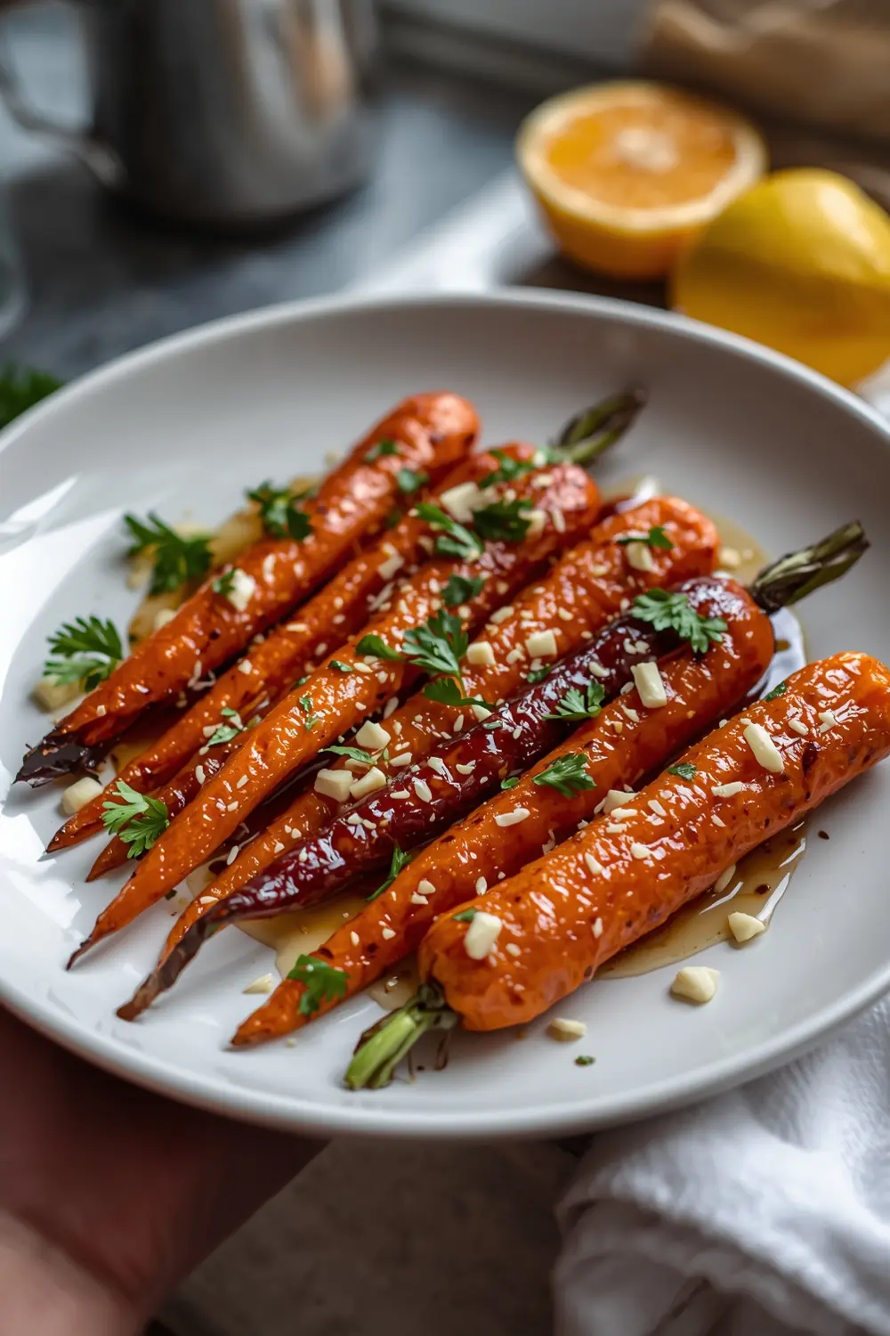 A photo of roasted carrots glazed with a sweet and tangy sauce, garnished with parsley