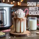 A rich and creamy white hot chocolate topped with whipped cream and crushed candy canes in a slow cooker