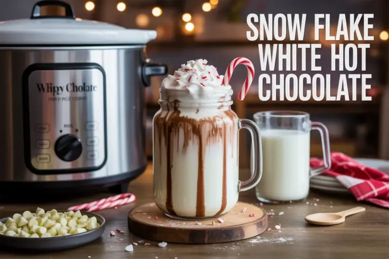 A rich and creamy white hot chocolate topped with whipped cream and crushed candy canes in a slow cooker