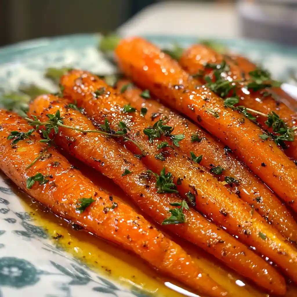 Close-up of whole roasted honey glazed carrots with fresh thyme on a plate