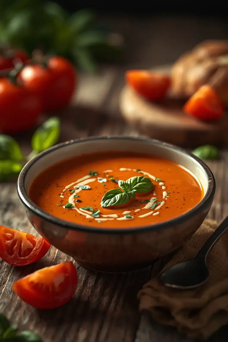A bowl of creamy roasted tomato basil soup with fresh tomatoes and basil leaves