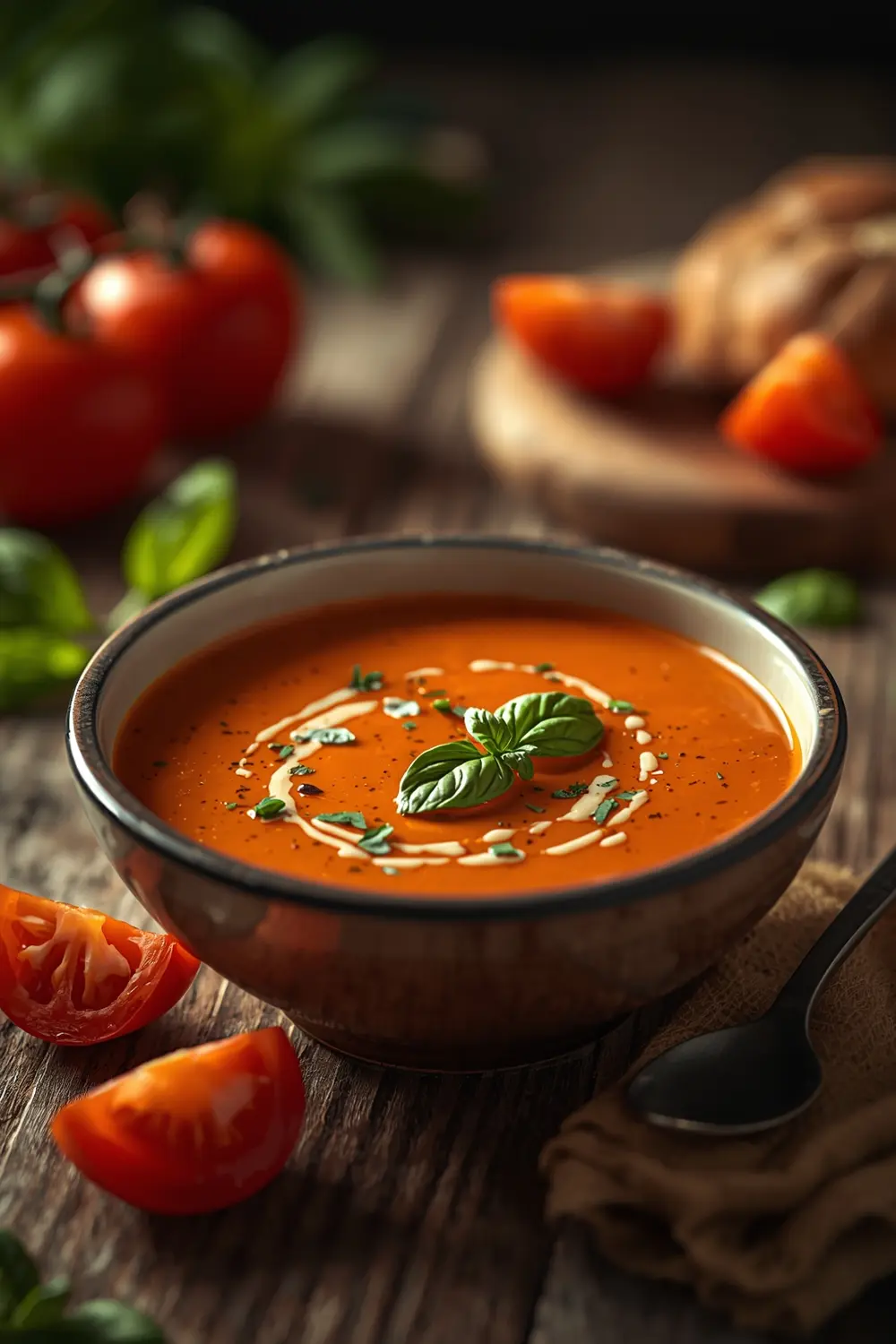 A bowl of creamy roasted tomato basil soup with fresh tomatoes and basil leaves