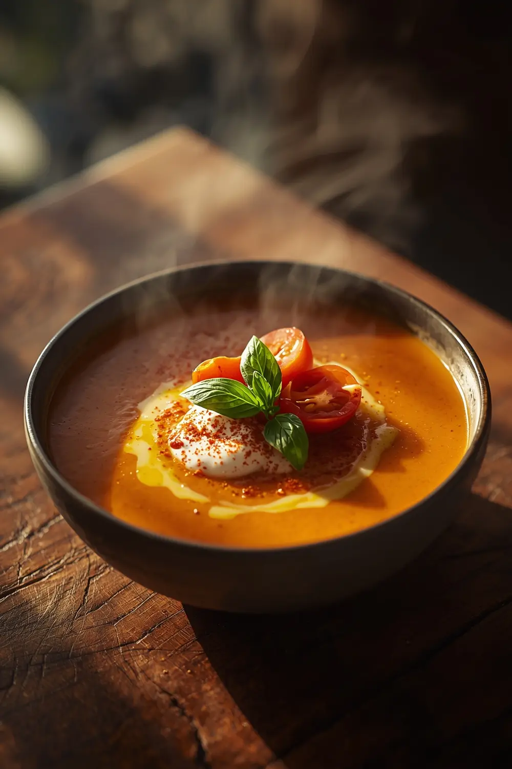 A bowl of creamy roasted tomato basil soup with fresh tomatoes and basil leaves