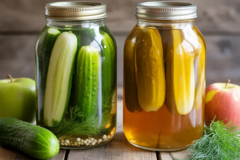A side-by-side comparison of two jars of dill pickles, one made with clear white vinegar and the other with golden apple cider vinegar, on a rustic table.