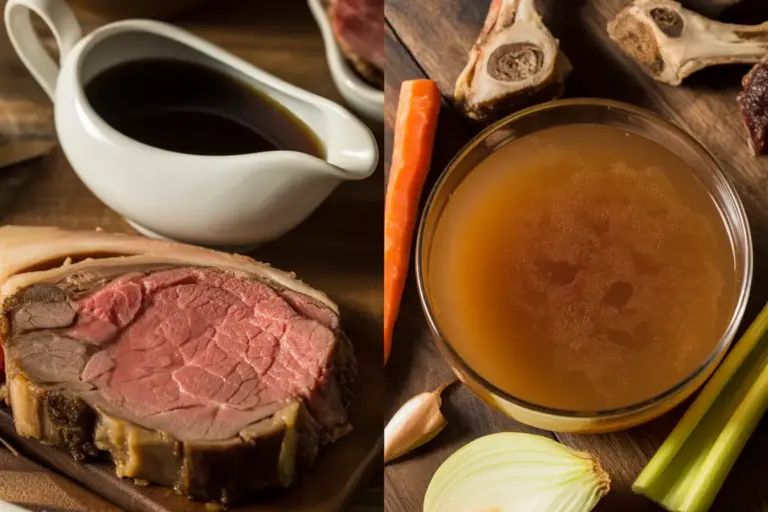A visual comparison of Au Jus vs Beef Broth, showing a dark au jus with roast beef on one side and a light beef broth with its ingredients on the other.