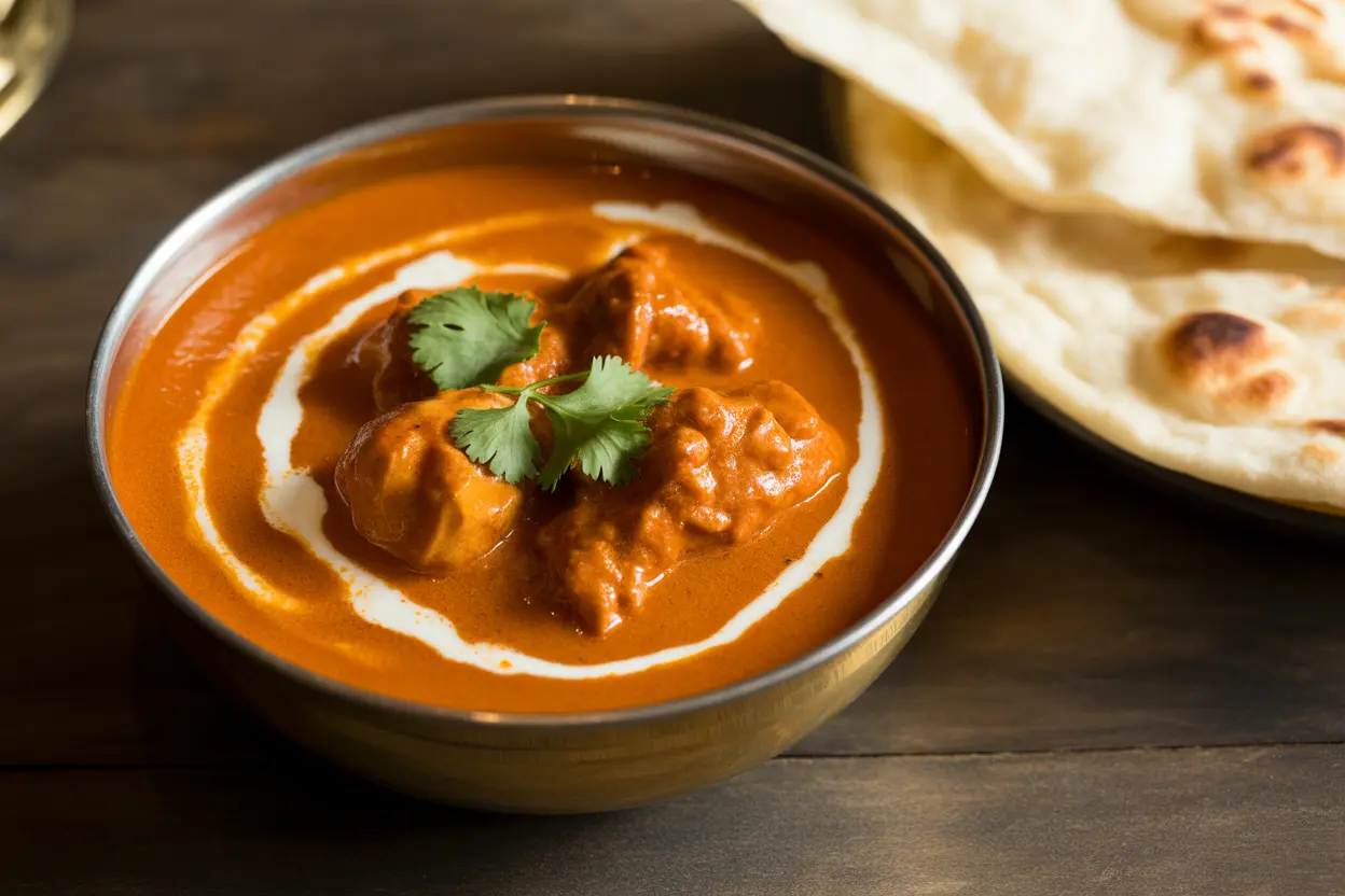 A delicious bowl of an authentic butter chicken recipe, garnished with fresh cream and cilantro, served alongside soft naan bread.