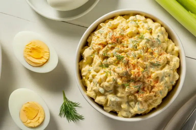 A bright, appetizing photo showing the result of avoiding common egg salad mistakes: a bowl of perfectly creamy egg salad surrounded by fresh ingredients.