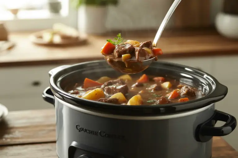A close-up of a hearty beef stew in a slow cooker, illustrating the perfect result of avoiding common slow cooker mistakes.