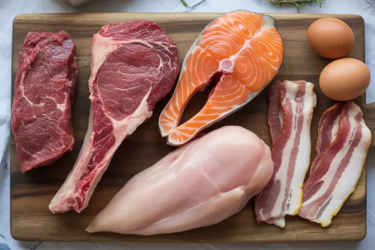 A variety of foods for a beginner carnivore diet meal plan, including steak, salmon, chicken, bacon, and eggs arranged on a wooden board.