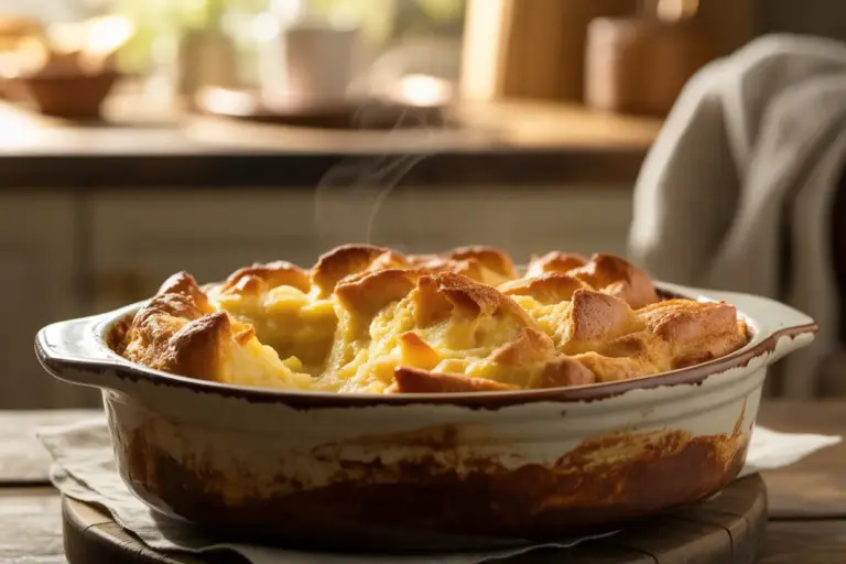A close-up of a perfectly baked golden bread pudding in a dish, highlighting the best bread texture for absorbing custard.