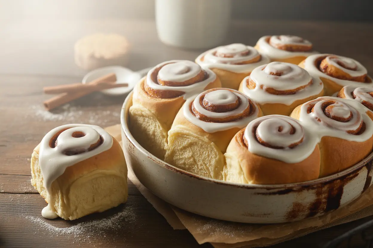A close-up shot of a batch of the best cinnamon rolls from scratch, topped with gooey cream cheese frosting and showing their soft and fluffy texture.