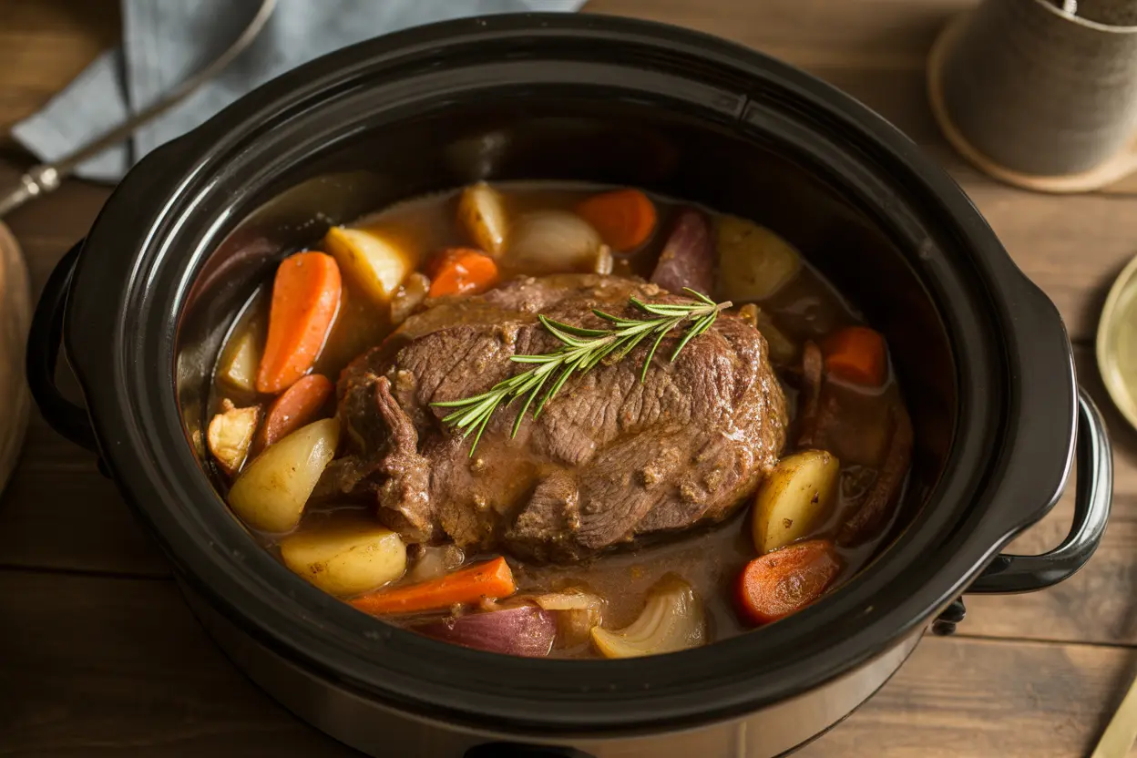 A close-up of a slow cooker filled with the best foods for this method: a tender pot roast with carrots and potatoes.