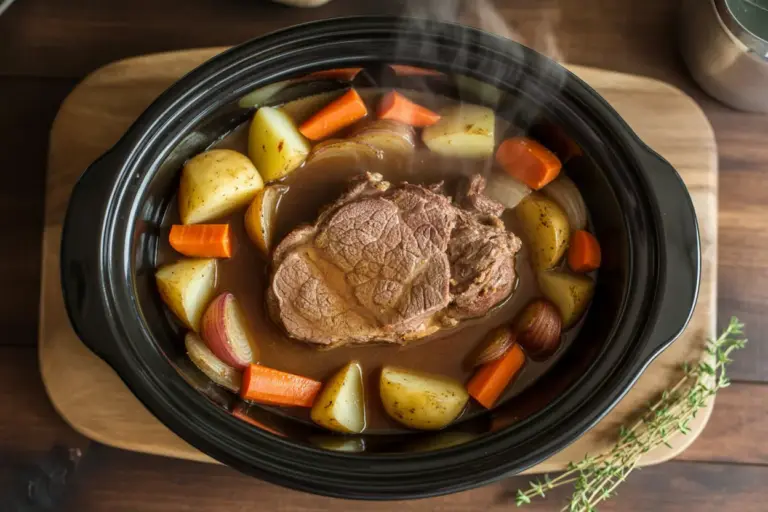 A close-up of one of the best slow cooker recipes: a tender beef pot roast with carrots and potatoes in a rich gravy, ready to be served.