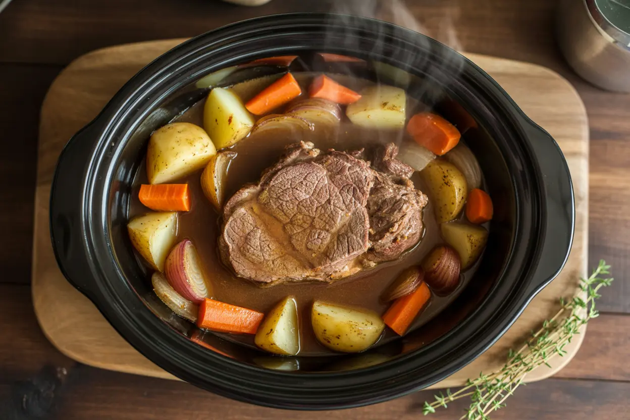 A close-up of one of the best slow cooker recipes: a tender beef pot roast with carrots and potatoes in a rich gravy, ready to be served.