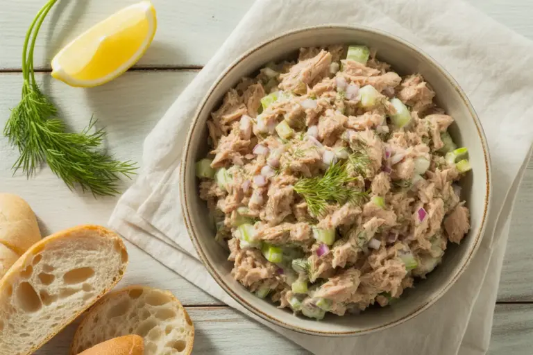 A rustic bowl of the best tuna salad, garnished with dill and surrounded by fresh lemon, celery, and red onion, representing a delicious recipe.
