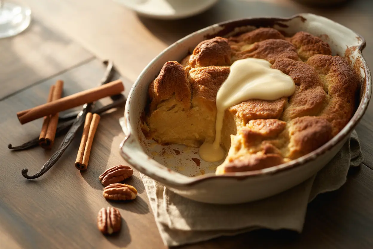 A warm, golden-brown bread pudding in a baking dish, drizzled with vanilla sauce and surrounded by key ingredients like cinnamon and pecans.