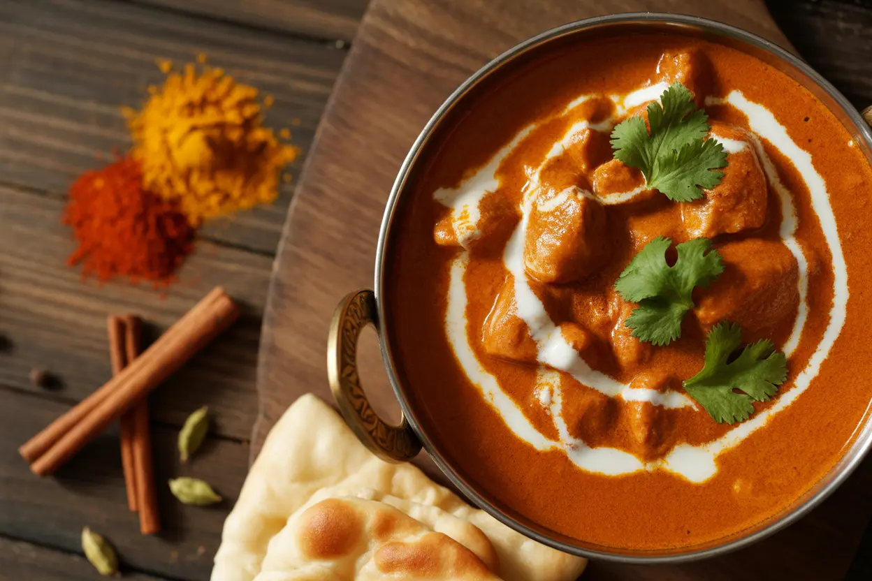 Overhead view of a rich bowl of butter chicken, highlighting the essential ingredients like cream, chicken, and various Indian spices used in the recipe.