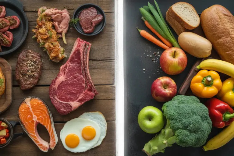 A visual guide illustrating the carnivore diet do's and don'ts, showing allowed animal-based foods versus prohibited plant-based foods.