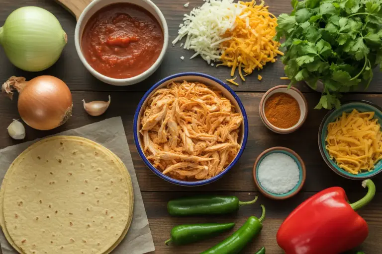 A flat lay of fresh chicken enchilada ingredients, including shredded chicken, tortillas, sauce, cheese, and vegetables on a wooden surface.
