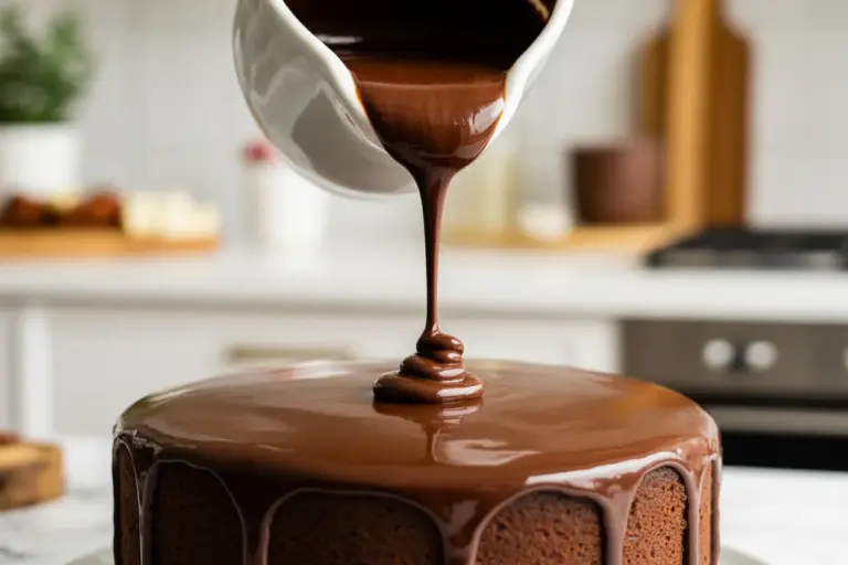 Close-up of smooth, glossy chocolate ganache being poured over a cake, illustrating how to avoid common ganache mistakes.