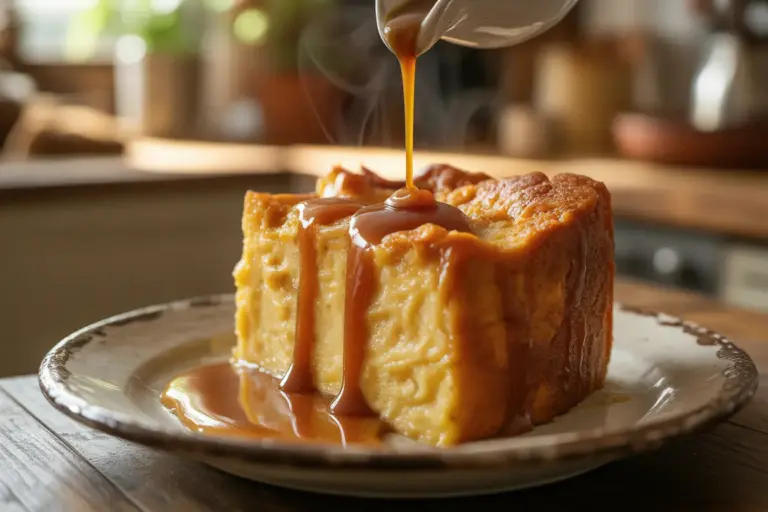 A warm slice of classic comfort bread pudding from an easy recipe, drizzled with caramel sauce on a plate, ready to be served.