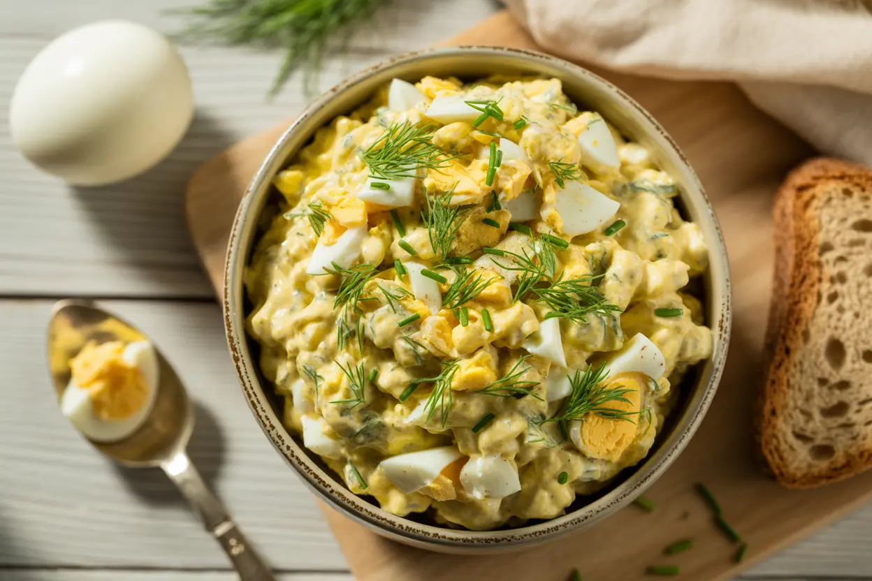 A bright, fresh bowl of classic creamy egg salad, garnished with finely chopped dill, showcasing a delicious and easy recipe.