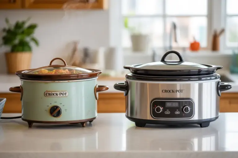 A side-by-side image contrasting a classic Crock-Pot with a simple dial against a modern slow cooker with a digital display, illustrating the crock pot vs slow cooker differences.